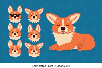 Cute Welsh Corgi constructor. Vector illustration of Corgi dog slipping and it's head shows different emotions in flat cartoon style on blue background. Smiley. Element for your design. Emoticon.