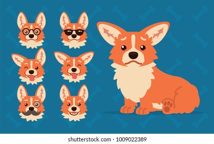 Cute Welsh Corgi constructor. Vector illustration of Corgi dog sitting and it's head shows different emotions in flat cartoon style on blue background. Smiley. Element for your design. Emoticon.