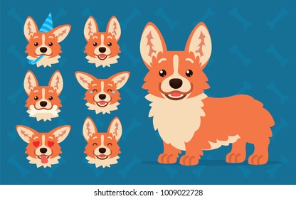 Cute Welsh Corgi constructor. Vector illustration of Corgi dog standing and it's head shows different emotions in flat cartoon style on blue background. Smiley. Element for your design. Emoticon.