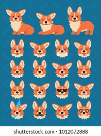 Cute Welsh Corgi constructor. Vector illustration of Corgi dog in different poses, it's head shows various emotions in flat cartoon style on blue background. Smiley. Element for your design. Emoticon.