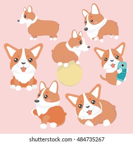 Cute welsh corgi dog characters set.