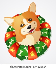 Cute Welsh Corgi dog and Christmas Wreath with ribbon and bones, hand drawn vector illustration