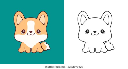 Cute Welsh Corgi Hund Clip Illustration und Schwarz-Weiß. Kawaii Clip Art Welpe. Cute Vektor Illustration eines Kawaii Babypets für Aufkleber, Kleiderdrucke, Babydusche. 