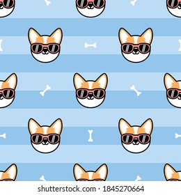 Cute welsh corgi dog face with sunglasses cartoon seamless pattern, vector illustration