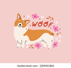 Cute welsh corgi dog with flower buds and leaves. Hand-drawn dog in contemporary flat style. Cartoon animal, pet. 