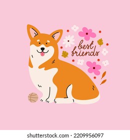 Cute welsh corgi dog with flower buds, leaves and lettering. Hand-drawn dog in contemporary flat style. Cartoon animal, pet purebred dog. 