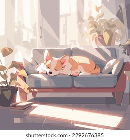 Perro de corgi de agua dulce con siesta, acurrucada en un sofá moderno y suave en un apartamento luminoso, esperando el regreso de un propietario. Ilustración vectorial simple en paleta de color claro calmado