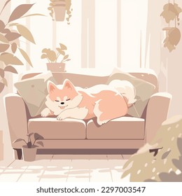 Cute welsh corgi dog having a nap, snugly curled up on a modern soft couch in a bright apartment, waiting for the return of an owner. Simple vector illustration in calm light color palette