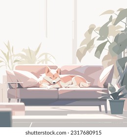 Cute welsh corgi dog having a nap, snugly curled up on a modern soft couch in a bright apartment, waiting for the return of an owner. Simple vector illustration in calm light color palette