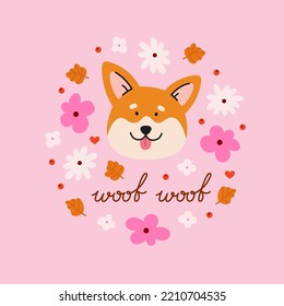 Cute welsh corgi dog head with flower buds, leaves, and lettering. Hand-drawn dog in a contemporary flat style. Cartoon animal, pet, purebred dog. 