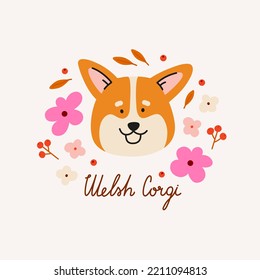 Cabeza de perro de corgi dulce con capullos de flores, hojas y letras. Perro dibujado a mano en un estilo moderno y plano. Caricatura animal, mascota, perro de pura raza. 