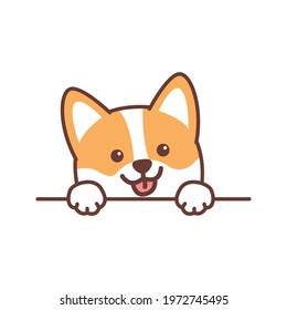 Cute welsh corgi dog paws up over wall, vector illustration