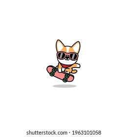 Cute welsh corgi dog playing skateboard cartoon, vector illustration