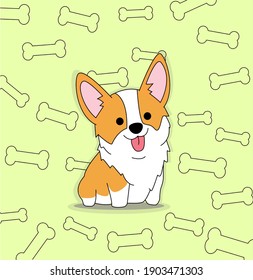 Cute Welsh corgi dog smiling, surrounded by bones. 
Vector flat illustration. 
Cute drawing with a dog of the Welsh corgi breed on a lemon background, with bones. He wasted his tongue with happiness!