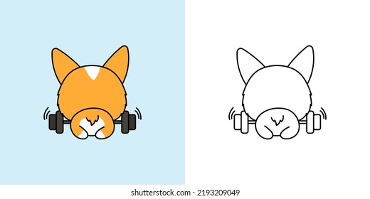 Cute Welsh Corgi Dog Sportsman Clipart Illustration and Black and White. Funny Puppy Athlete. Vector Illustration of a Kawaii Animal for Coloring Pages, Stickers, Baby Shower, Prints for Clothes.
