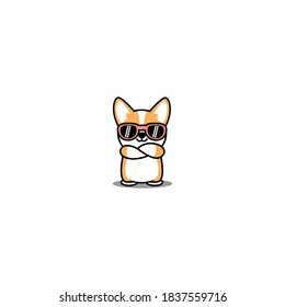 Cute welsh corgi dog with sunglasses crossing arms cartoon, vector illustration