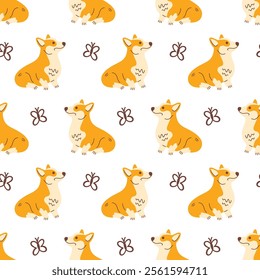 Cute welsh corgi dog vector seamless pattern on white background, cartoon flat style. Wallpaper, digital paper, fabric print illustration design