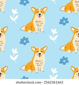 Cute welsh corgi dog vector seamless pattern blue background, cartoon flat style. Wallpaper, digital paper, fabric print illustration design.