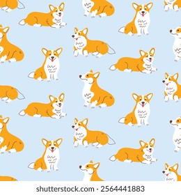 Cute welsh corgi dog vector seamless pattern blue background, cartoon flat style. Wallpaper, digital paper, fabric print illustration design.