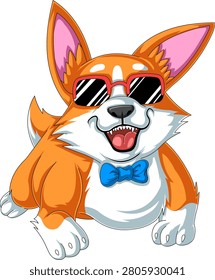Cute Welsh Corgi dog wearing sunglasses, funny cartoon summer puppy character vector illustration