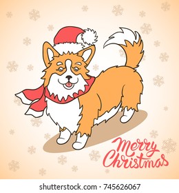 Cute Welsh Corgi dogs with Christmas 2018 elements. Cartoon Funny animals with Santa hats, scarfs and snowflakes. Vector for sticker, patch, phone case, poster, card, t-shirt, mug and other design.
