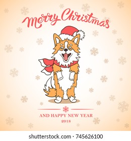 Cute Welsh Corgi dogs with Christmas 2018 elements. Cartoon Funny animals with Santa hats, scarfs and snowflakes. Vector for sticker, patch, phone case, poster, card, t-shirt, mug and other design.