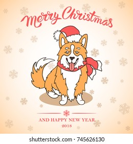 Cute Welsh Corgi dogs with Christmas 2018 elements. Cartoon Funny animals with Santa hats, scarfs and snowflakes. Vector for sticker, patch, phone case, poster, card, t-shirt, mug and other design.