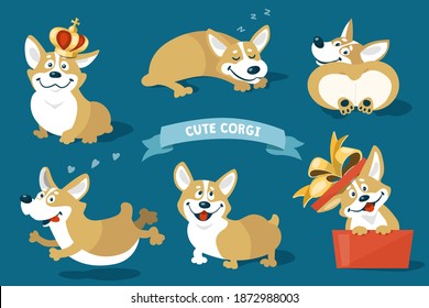 Cute welsh corgi dogs and puppies set. Vector cartoon kawaii stickers