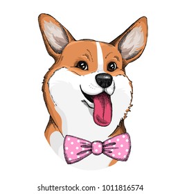 Cute Welsh Corgi face with pink bow Print for t-shirts and bags, poster or greeting card isolated on white