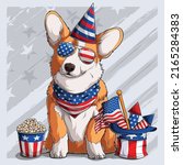 Cute Welsh corgi fluffy Pembroke dog sitting with American independence day elements 4th of July and memorial day