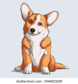 Cute Welsh Corgi Fluffy Pembroke Dog Sitting Isolated On White Background Illustrated With Colorful Shadows And Lights