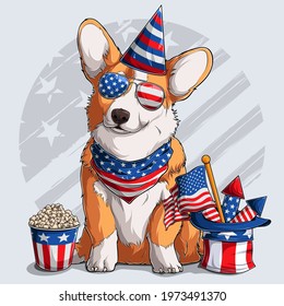 Cute Welsh corgi fluffy Pembroke dog sitting with American independence day elements 4th of July and memorial day 