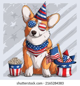 Cute Welsh corgi fluffy Pembroke dog sitting with American independence day elements 4th of July and memorial day