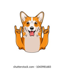 Cute Welsh Corgi with horns. Vector illustration isolated on white background. Dog with rock symbol.