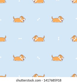 Cute welsh corgi long tail running cartoon seamless pattern, vector illustration