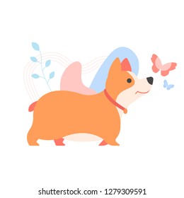 Cute welsh corgi puppy. Pet, family pet. A bright red fluffy character surrounded by pastel spots, plants and butterflies. Vector illustration on white background.