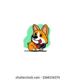 Cute welsh corgi puppy with red headphones on neck icon, logo design, vector illustration