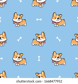 Cute welsh corgi puppy seamless pattern, vector illustration