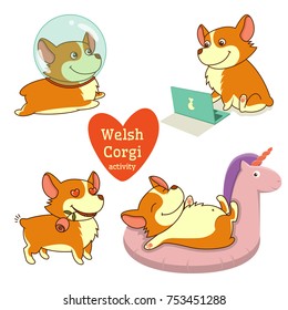 Cute welsh corgi set in different poses. Funny corgi activity vector illustration.