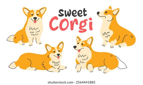 Cute welsh corgi set. Dog poses vector illustrations collection, isolated on white. Cartoon flat style