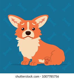 Cute Welsh Corgi sitting sad. Element for your design, print, chat, sticker.  Vector illustration of Corgi dog shows unhappy emotion in flat cartoon style on blue background. Emoticon.