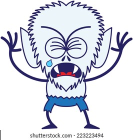 Cute werewolf with big head, bulging eyes, blue pants, blue fur and sharp fangs while frowning, clenching its eyes, crying and sobbing in a very sad mood