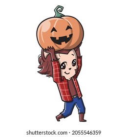 Cute Werewolf Bring Pumpkin Cartoon Vector Illustration
