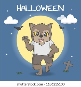 Cute werewolf and full moon background. Halloween poster. Vector and illustration
