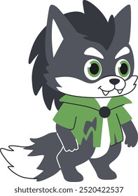 Personaje lindo del halloween del hombre lobo. lobo en estilo verde de los niños de la historieta de la camisa. El fondo blanco.