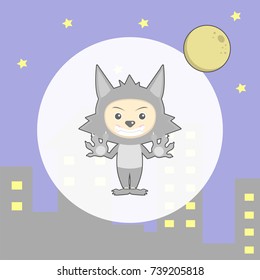 cute werewolf mask with boy in Halloween costume, Halloween element mask moon for kids