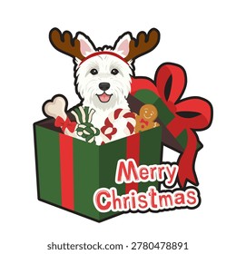 Cute West Highland White Terrier dog wearing reindeer antlers sitting in a Christmas gift box with pet toys vector sticker on a transparent background.