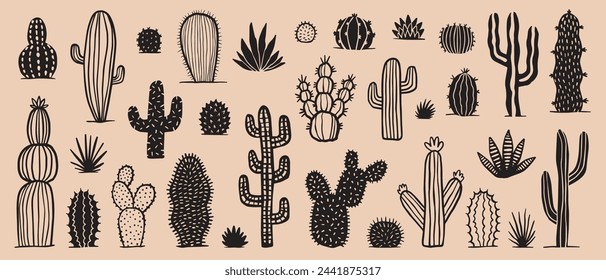 Cute western cactus doodle set, hand drawn vector collection