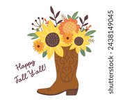 Cute western theme floral graphic with cowboy boot and autumn fall flowers vector design with text happy fall y