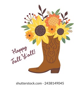 Cute western theme floral graphic with cowboy boot and autumn fall flowers vector design with text happy fall y'all